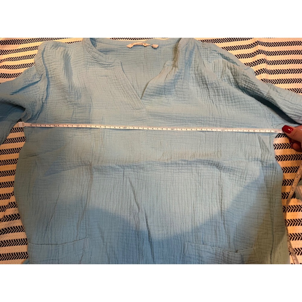 Light Blue Gauze Tunic Top V Neck 3/4 Sleeve Pockets Size M - Picture 5 of 6